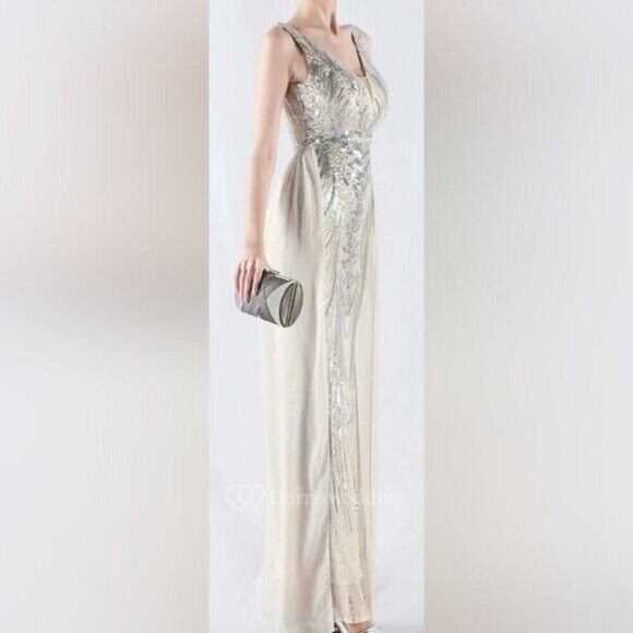 Silver, Double V, Beaded Back, Detachable Draped Skirt, Sequined Mermaid Gown - Picture 13 of 16